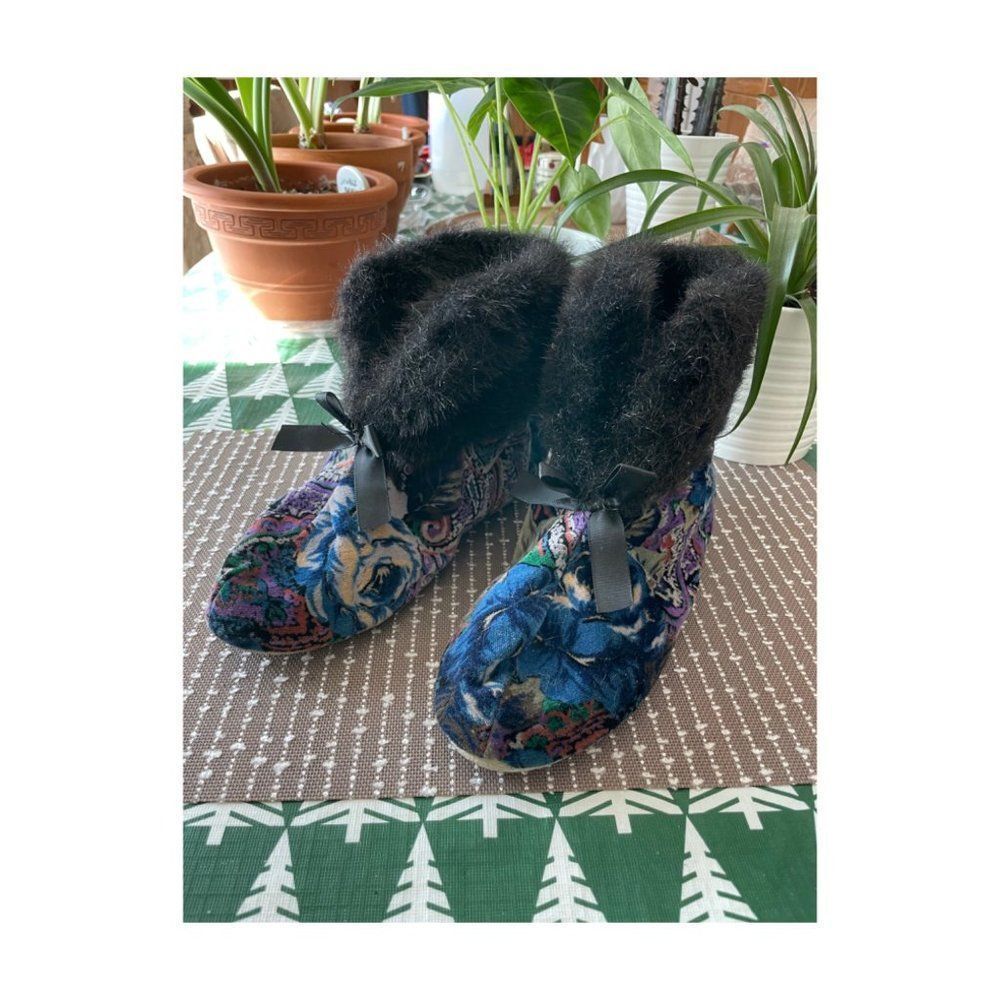 Vintage Velvet Ankle Slippers Faux Fur Trim Ribbon Bow Rubber Sole Made in USA